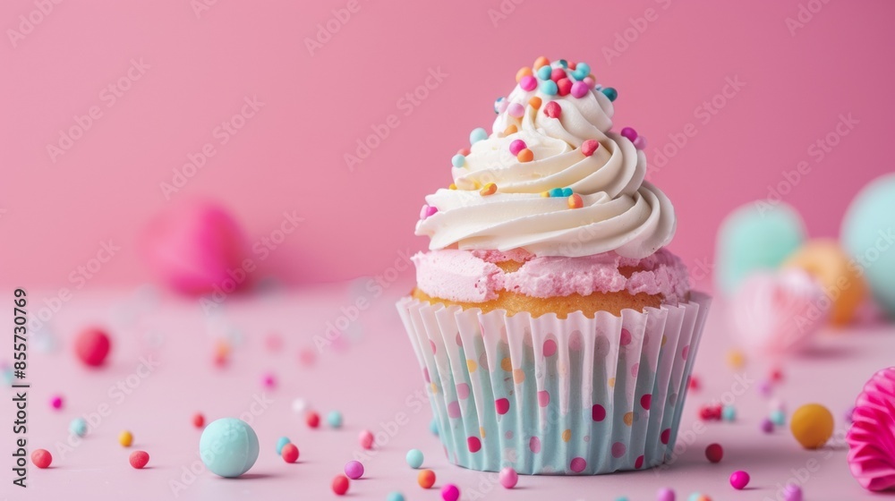 Colorful Cupcake with Sprinkles on Pink Background Colorful Cupcake with Sprinkles on Pink Background