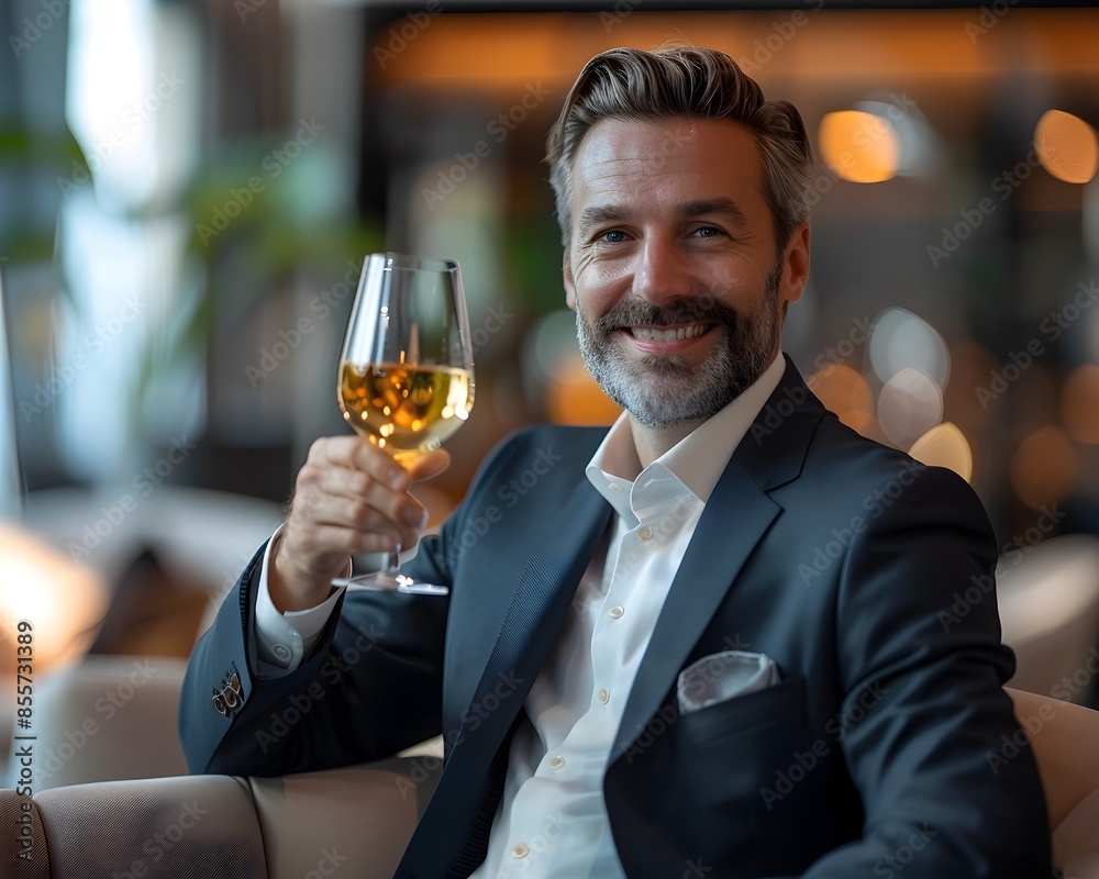 Business Leader Celebrating Successful Project with Toast in Chic Office Lounge Business Leader Celebrating Successful Project with Toast in Chic Office Lounge