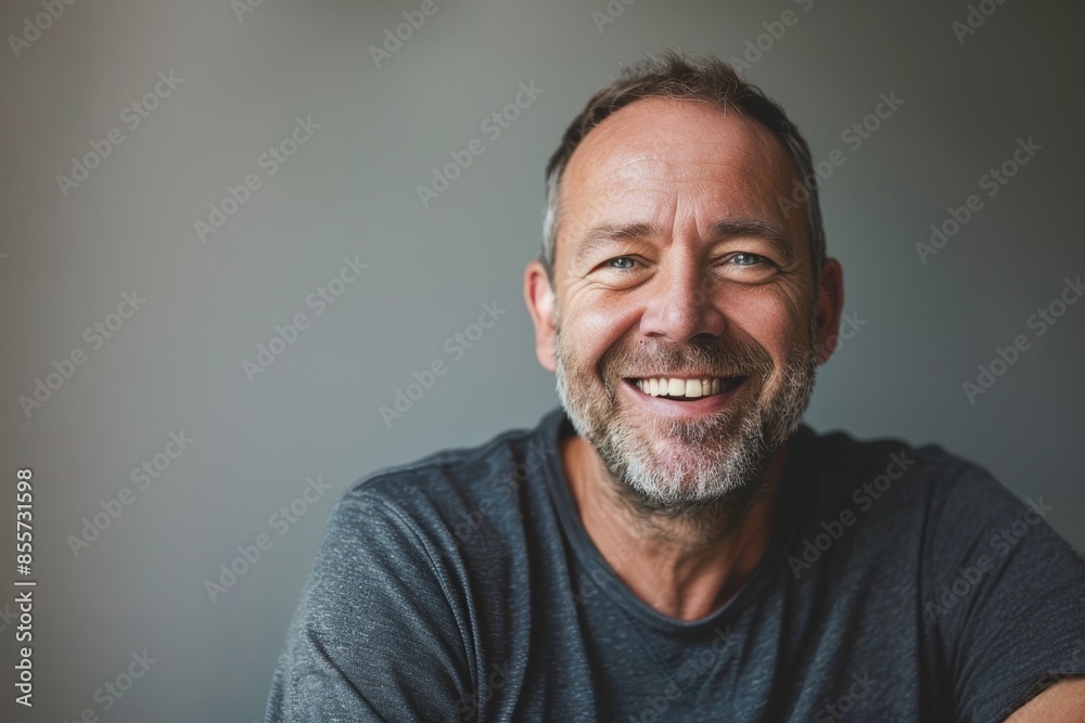 Portrait of a grinning man in his 40s smiling at the camera in minimalist or empty room background