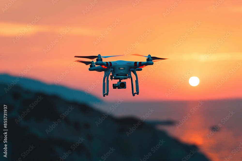 A modern drone with a camera flies in the sky. Generated by artificial intelligence A modern drone with a camera flies in the sky. Generated by artificial intelligence
