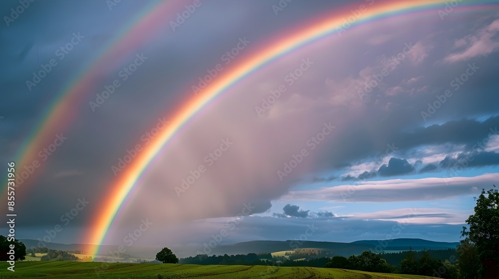 Majestic Rainbow Arches Over Rainy Pastoral Landscape Majestic Rainbow Arches Over Rainy Pastoral Landscape