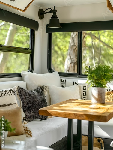 A photo of the inside corner bench in an RV with white linen and black metal legs, with a chevron wood table top. A black lamp sits on it. The windows have black frames. There are also some vases and 