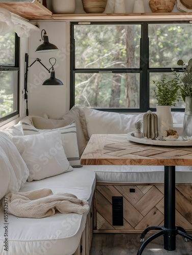 A photo of the inside corner bench in an RV with white linen and black metal legs, with a chevron wood table top. A black lamp sits on it. The windows have black frames. There are also some vases and 