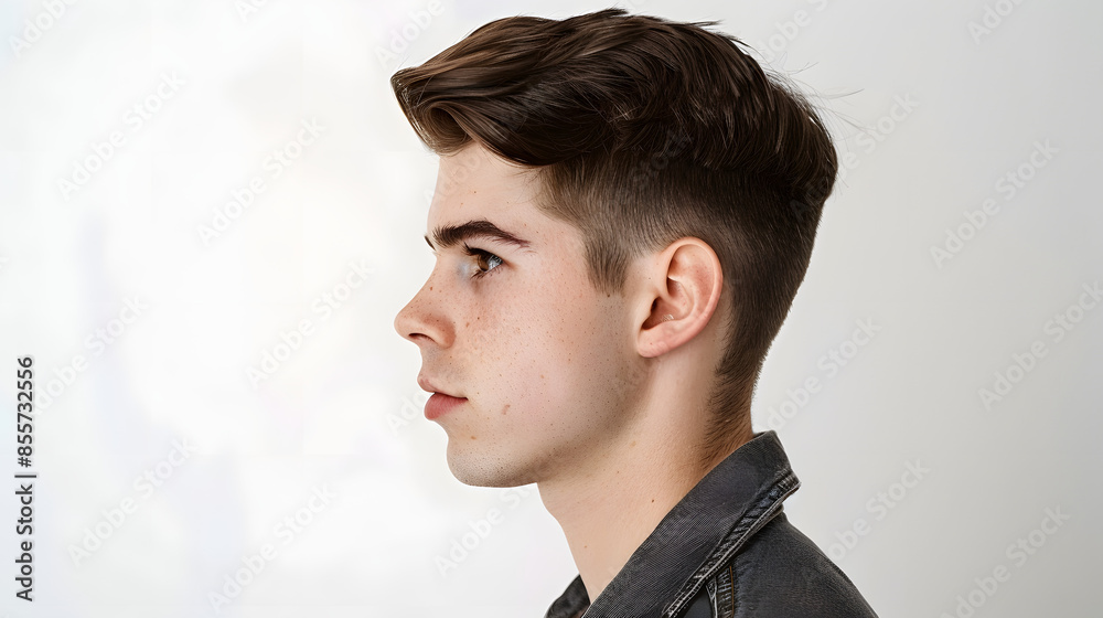 Profile shot of young serious man, teenage college student looking left, showing one side of face and haircut, standing against white background Profile shot of young serious man, teenage college student looking left, showing one side of face and haircut, standing against white background
