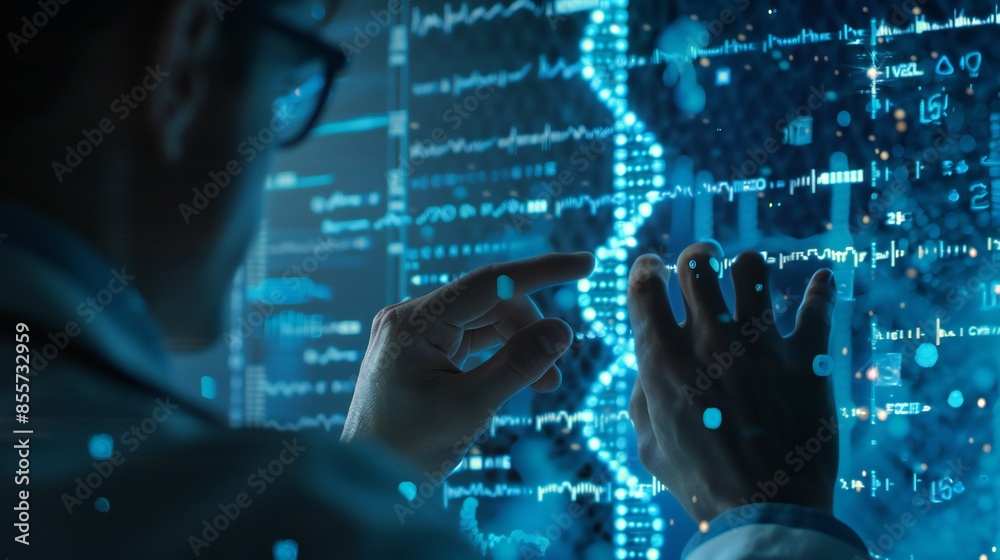 DNA structure on screen, doctor analyzing. DNA structure on screen, doctor analyzing.