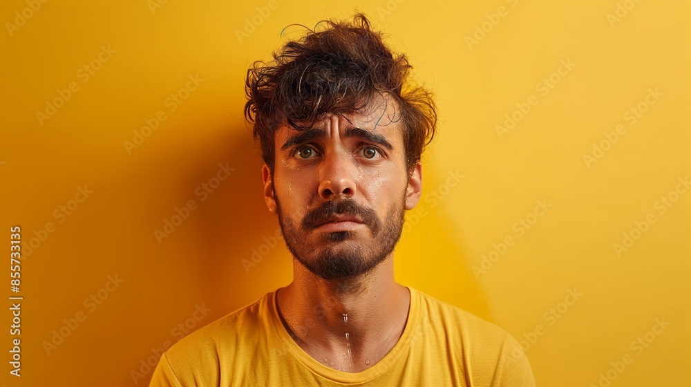 man with short hair and beard, wearing yellow tshirt looking confused in front of an empty space against the background of a vibrant color wall man with short hair and beard, wearing yellow tshirt looking confused in front of an empty space against the background of a vibrant color wall