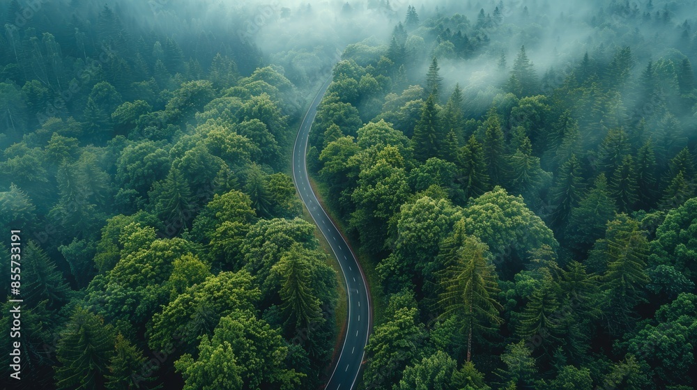Aerial view of a winding road through a foggy forest, capturing natural beauty and tranquility