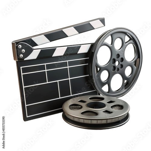 A black and white movie set with a clapperboard and a film reel