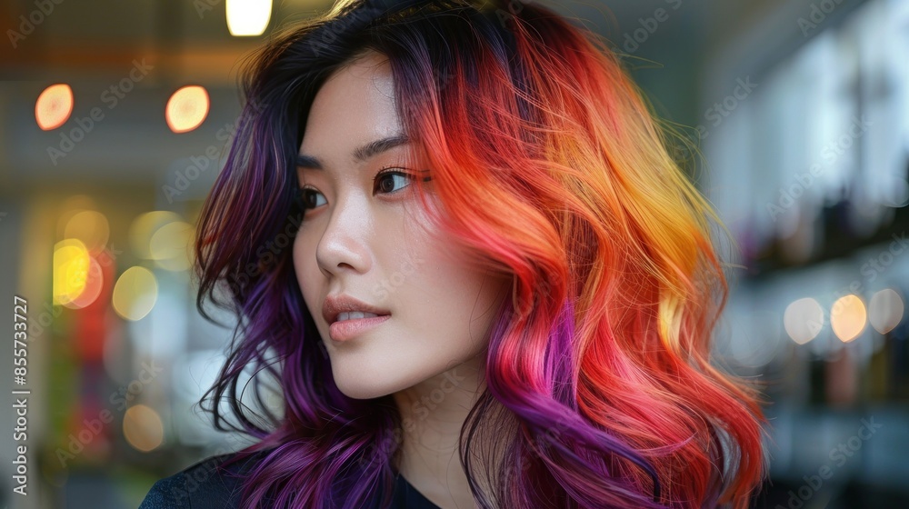 A woman with a vibrant, ombre hair color, transitioning from dark roots to bright, colorful ends. The photo highlights the smooth gradient and the rich, saturated colors. The background is a bright,