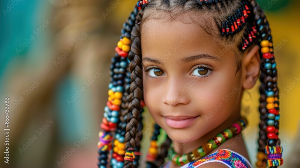 A young girl with intricate braids adorned with colorful beads, showcasing the creativity and skill involved in the hairstyle. The photo focuses on the detailed braiding patterns and the vibrant A young girl with intricate braids adorned with colorful beads, showcasing the creativity and skill involved in the hairstyle. The photo focuses on the detailed braiding patterns and the vibrant