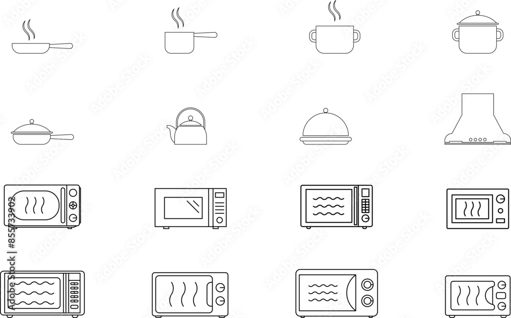 Fototapeta premium Cook icon. Cooktop, oven, microwave, pot, pan, vector icon set. Cook, kitchen silhouette best vector icons collection.
