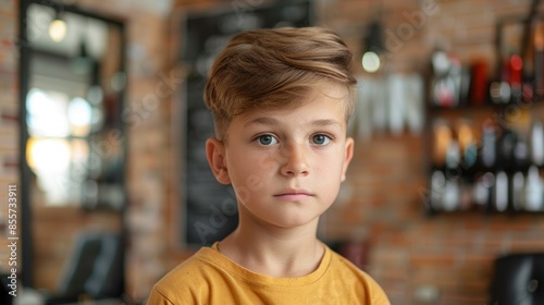 A young boy with a stylish fade haircut, featuring a gradual transition from short to longer hair on top. The photo emphasizes the precision and clean lines of the fade. The background is a modern