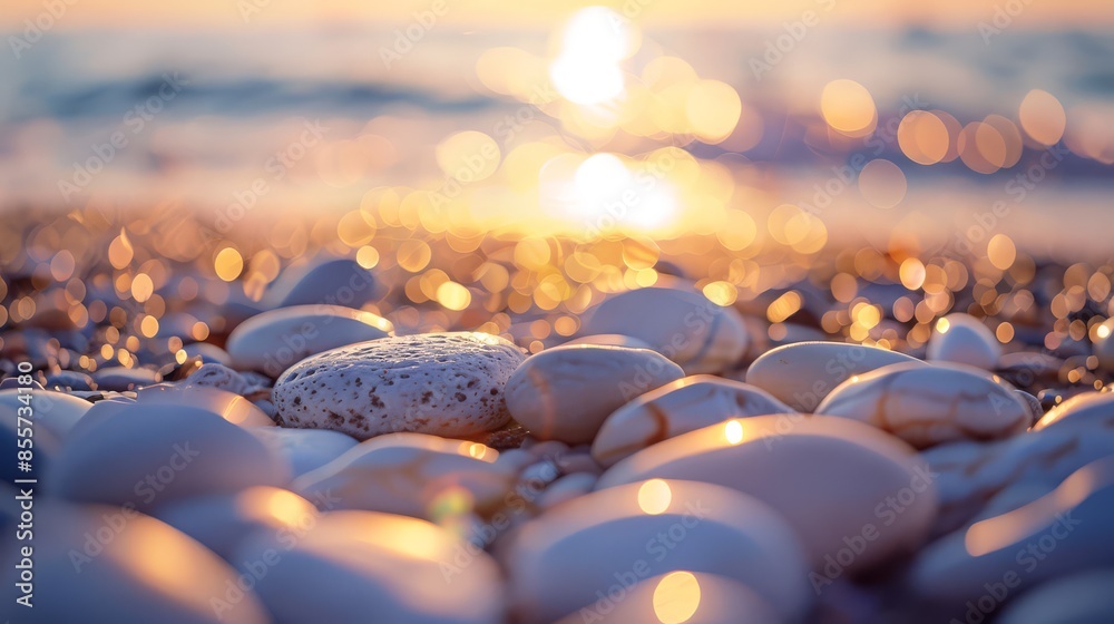 Fototapeta premium Beach scene with pebbles in golden sunlight