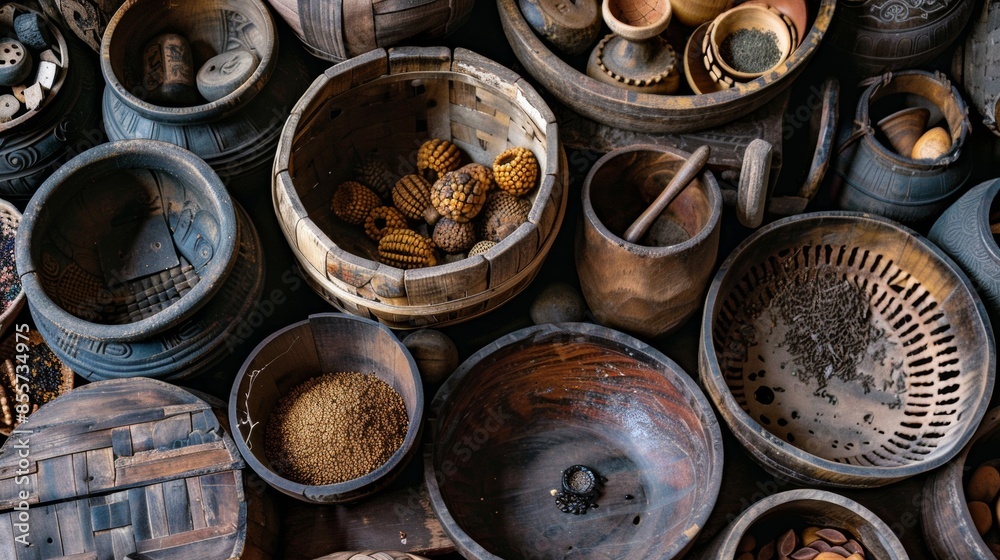Assorted Wooden Bowls and Baskets with Seeds Assorted Wooden Bowls and Baskets with Seeds