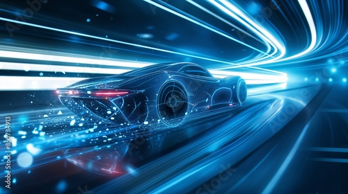 A sleek, futuristic car speeds through a neon-lit tunnel, leaving a trail of glowing particles in its wake.