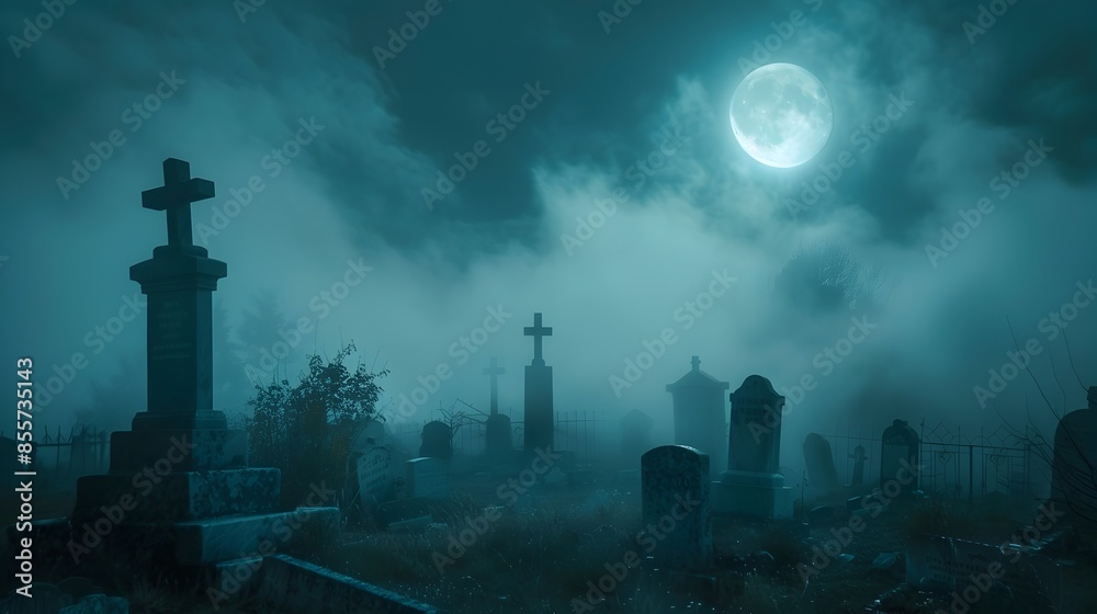 Spooky Moonlit Graveyard Enveloped in Eerie Fog