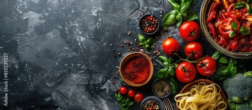 vegetables and spices for tomato sauce,pasta tagliatelle with tomatoes on dark background, top view. Copy space image. Place for adding text or design