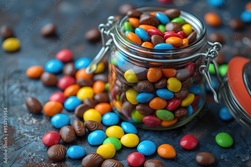 A glass jar filled with colorful chocolate peanuts , with the lid slightly open and a few candies spilled out. A glass jar filled with colorful chocolate peanuts , with the lid slightly open and a few candies spilled out.