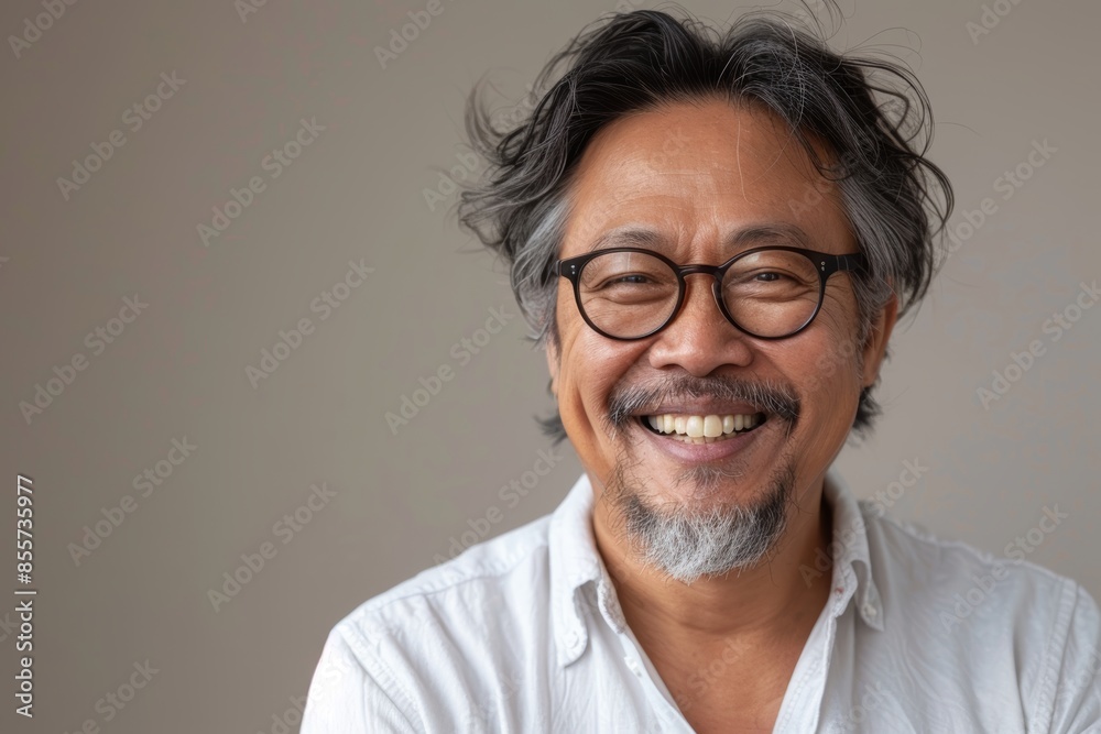 Portrait of a glad asian man in his 50s laughing on minimalist or empty room background