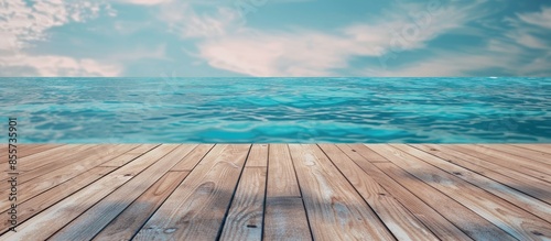 Swimming pool and wooden deck ideal for backgrounds. Copy space image. Place for adding text or design