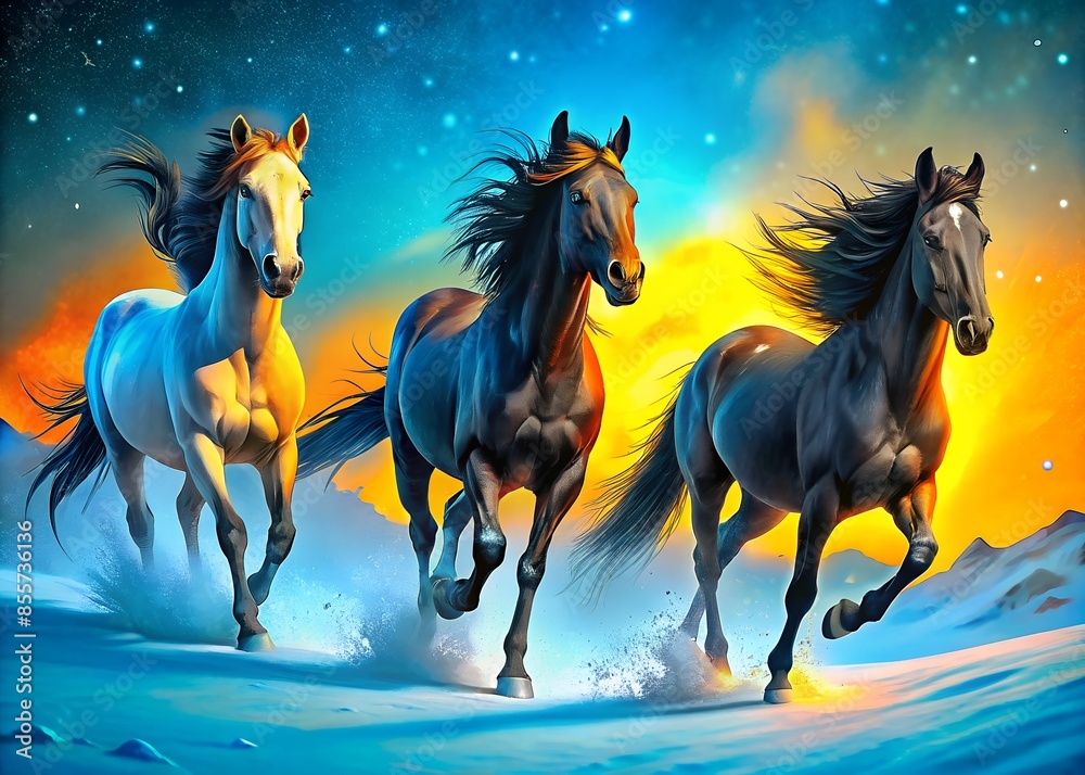 three horses riding through the snow at night three horses riding through the snow at night