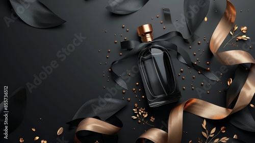 Dynamic composition of modern Black Friday perfume coupons and discounts presented with graphic elements in a realistic style on a black background