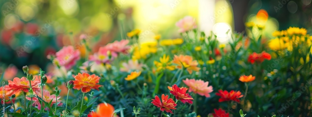 Fototapeta premium Serene Blurred Garden Blooms with Ample Copyspace for Text Overlay
