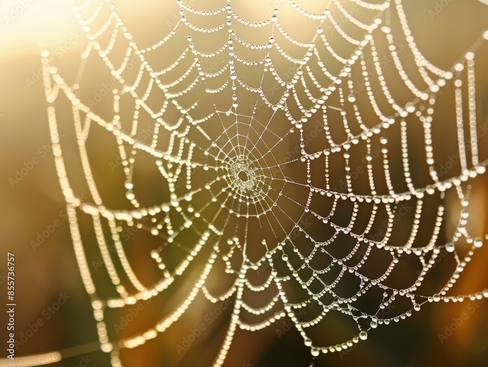 Naklejka premium Glistening Dew Drops on Intricate Spider Web Close-Up, Nature Background with Copy Space