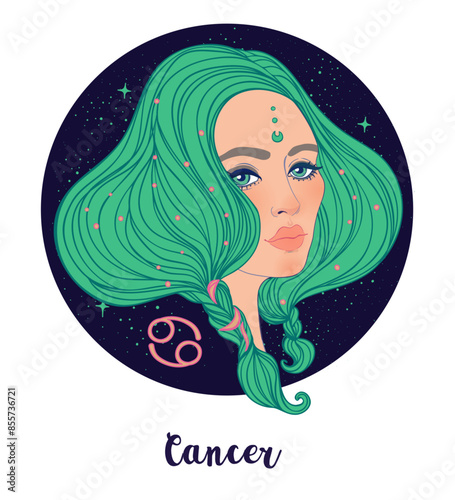 Illustration of Cancer astrological sign as a beautiful girl. Zodiac vector i...