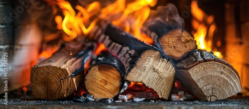 Close up shot of burning firewood in the fireplace. with copy space image. Place for adding text or design photo