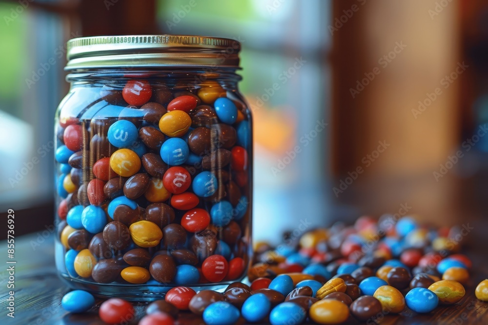 A glass jar filled with colorful chocolate peanuts , with the lid slightly open and a few candies spilled out. A glass jar filled with colorful chocolate peanuts , with the lid slightly open and a few candies spilled out.