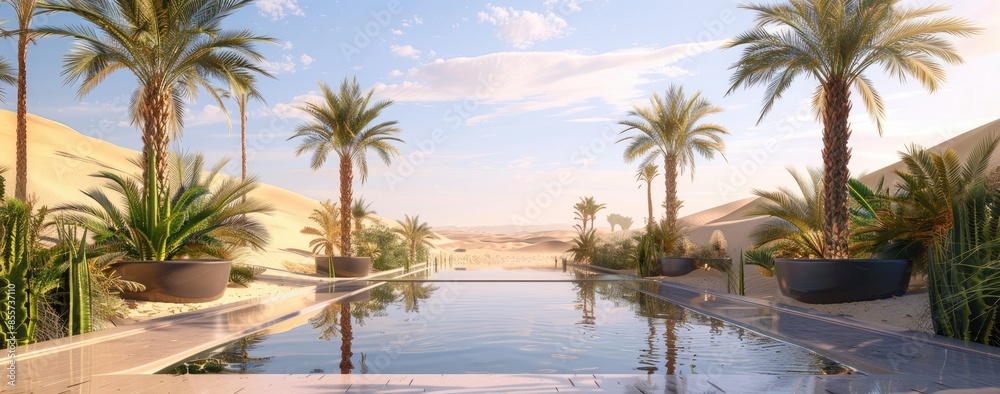 Desert oasis with palm trees reflecting in a serene pool, surrounded by rocky terrain under a bright blue sky
