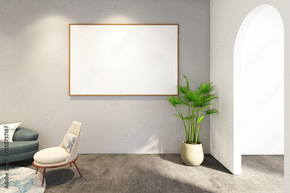 Fototapeta premium 3d render of illustration wall arched corner living room with frame mock up. Gray cement floor, light, gray texture wall and white ceiling. Set 7