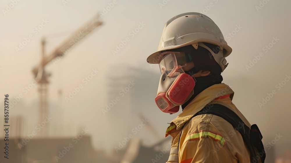 Fototapeta premium Worker With Protective Gear at Smog Filled Construction Site