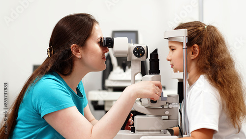 The concept of new ophthalmological and modern technologies, diagnostics and vision treatment. Interior of a modern ophthalmology clinic with modern equipment.