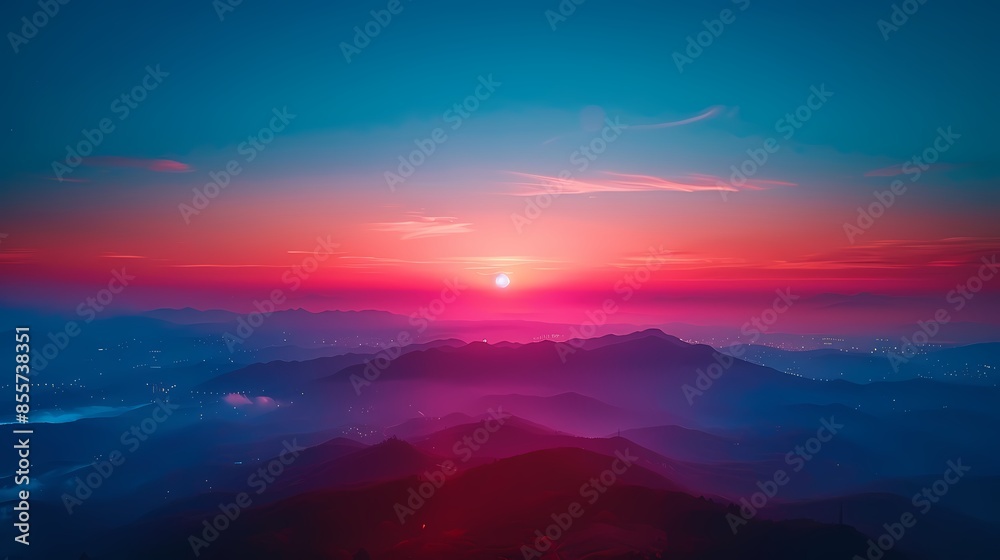 Red and blue gradient sky mountains illustration poster background Red and blue gradient sky mountains illustration poster background