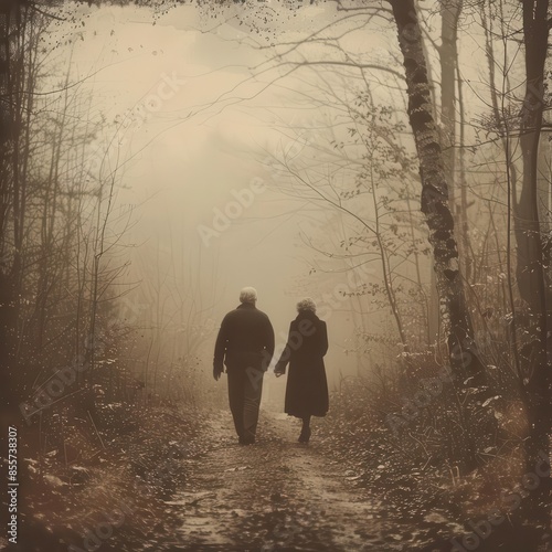 Elderly couple strolling hand in hand through a nature trail