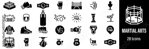 Martial Arts Web Icons. Boxing, MMA, Fight Club, Boxer Ring, Championship Belt. Vector in Line Style Icon