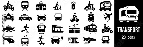 Transport Web Icons. Public Transport, Train, Metro, Extreme Transport, Bike. Vector in Line Style Icons