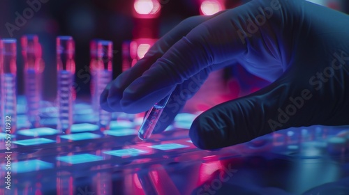Doctora??s hand places DNA sample on glass slide.