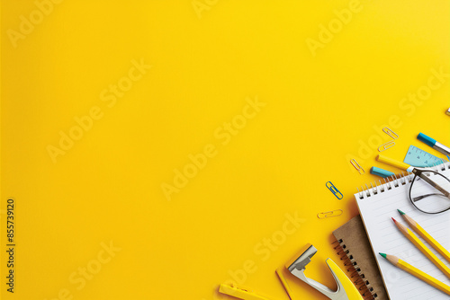 Vibrant workspace with office supplies on yellow background. Flat lay paper notebooks, eyeglasses, pen, pencils, ruler and other stationery. Top view with copy space. photo