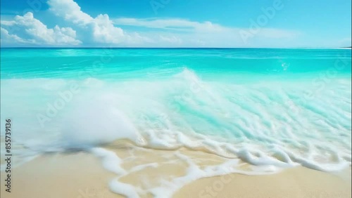 The surf rolls like a wave onto a tropical beach with clean white sand and bluish water. Sea shore. A paradise of nature. Tropical seascape