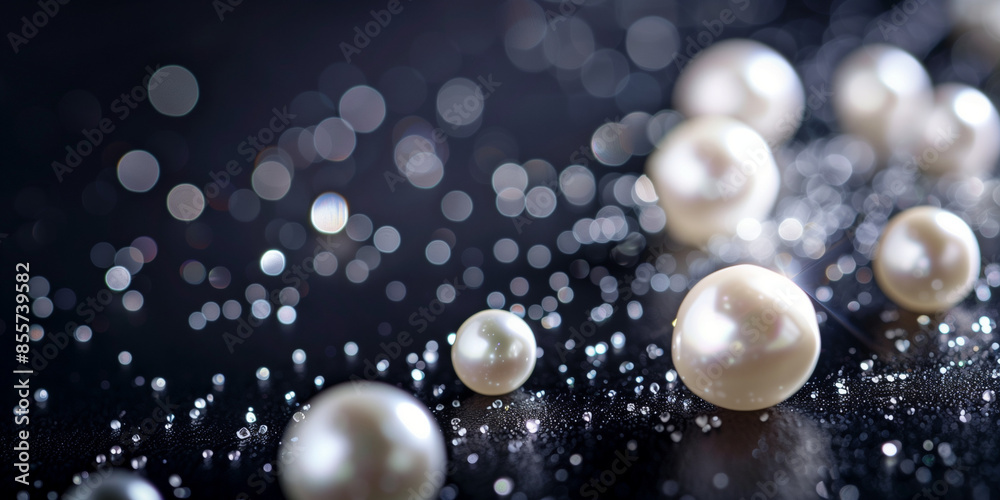 Luxurious pearls rest on a shimmering dark surface, with bokeh effects emphasizing their elegance and beauty Luxurious pearls rest on a shimmering dark surface, with bokeh effects emphasizing their elegance and beauty