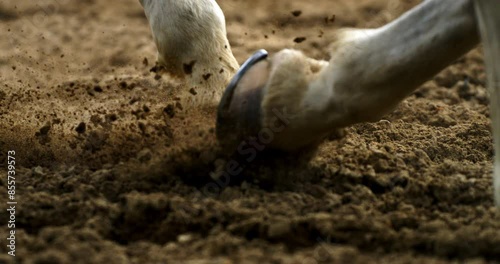 Super slow motion macro of purebred white horse legs during running exercises for competition of horse racing on a riding hall with flying grains of land at 1000 fps.