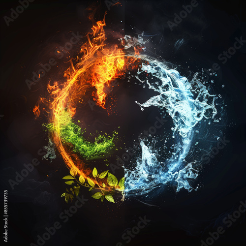 A symbolic representation of the four natural elements in a yin-yang shape with vibrant fire, water, earth, and air