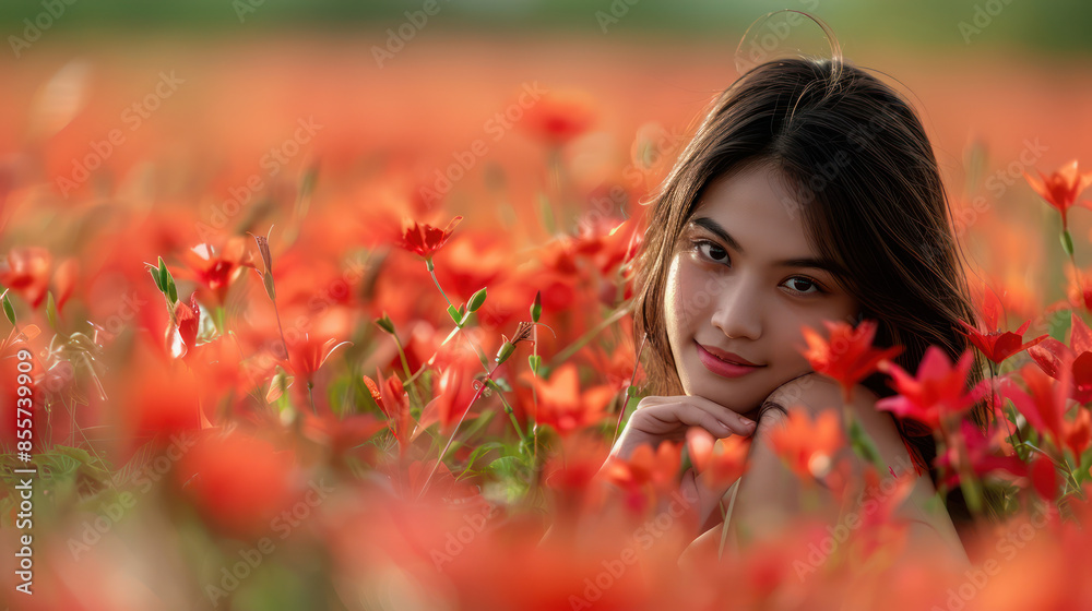 Beautiful Young Woman in a Vibrant Field of Red Flower Blossoms, Nature's Elegance, Tranquil Outdoor Portrait, Beauty in Petals, Lush Floral Meadow, Serene Springtime Scenery, Radiant Natural Charm