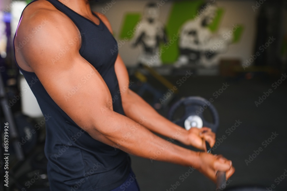 Portrait Of Athletic Man With Barbell In Hands Exercising At Gym Portrait Of Athletic Man With Barbell In Hands Exercising At Gym