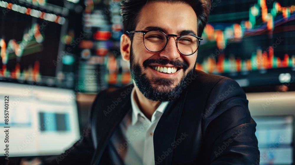 A young and successful bearded trader in formal wear and eyeglasses smiles at the camera from his modern office, portraying confidence and achievement in his profession.
