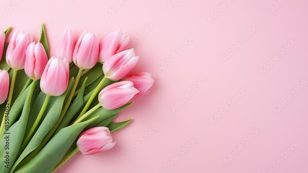 Beautiful Pink Tulips With Green Stems Laying On A Pink Surface, Perfect For Floral And Spring Themes. Generative AI Beautiful Pink Tulips With Green Stems Laying On A Pink Surface, Perfect For Floral And Spring Themes. Generative AI