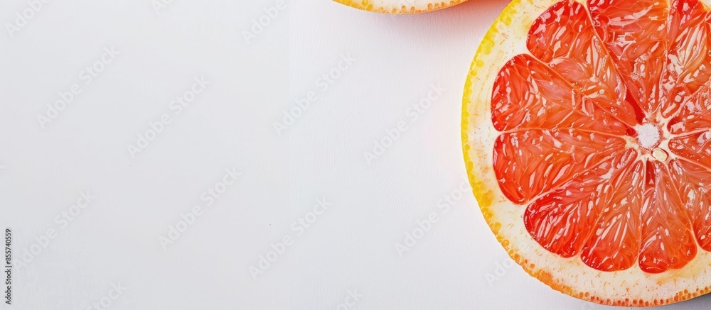 Slice section of ripe grapefruit isolated over the white.  pastel background. with copy space image. Place for adding text or design